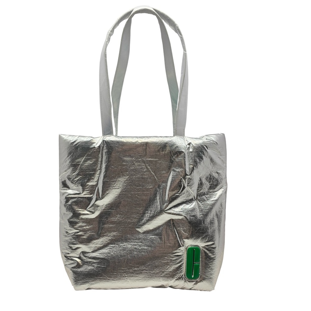 Clinique‎ Metallic Silver Puffer Tote Bag Green Lined Y3K Futuristic